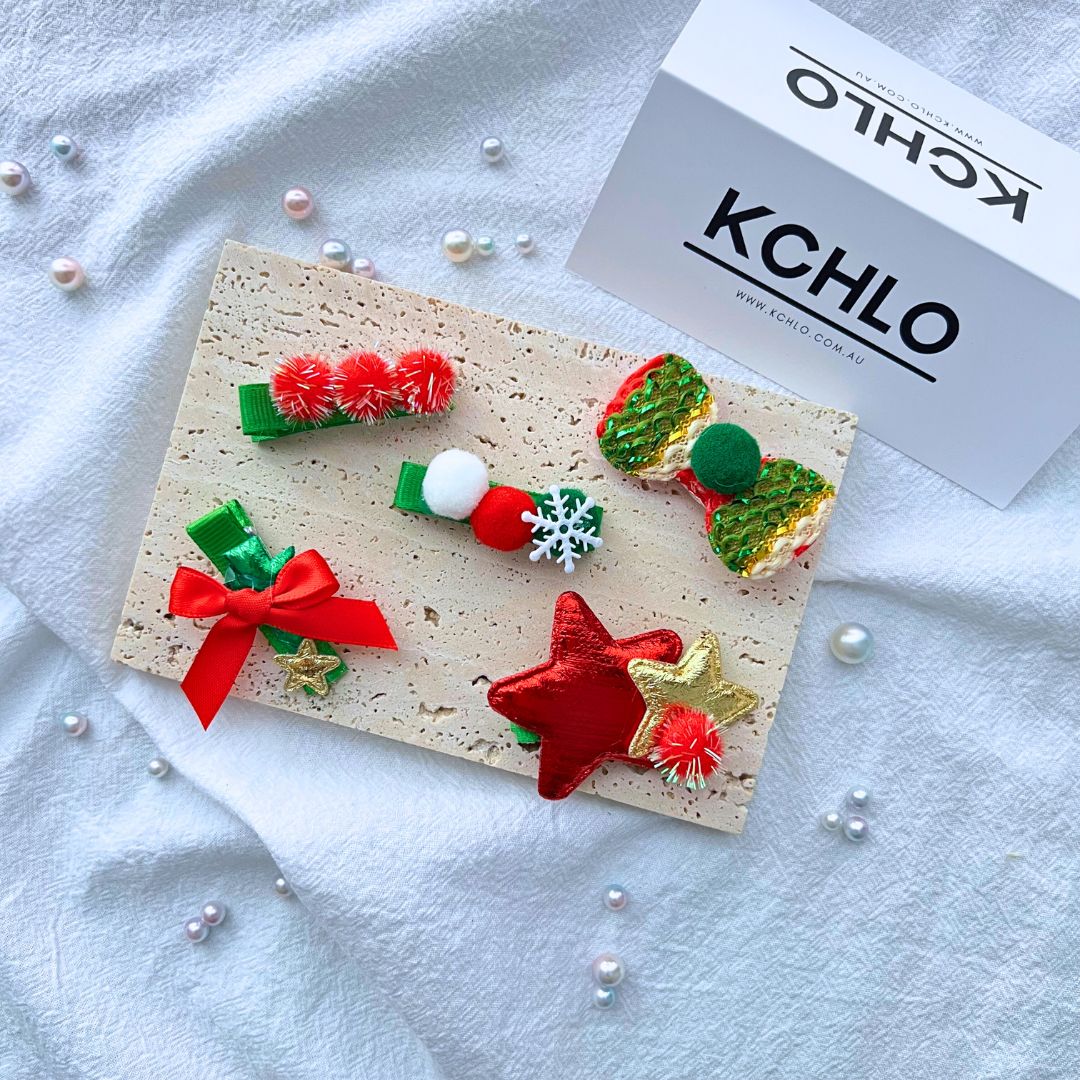 Red Star & Pom Pom Christmas Hair Clips – 5PCS Kids Festive Hair Set