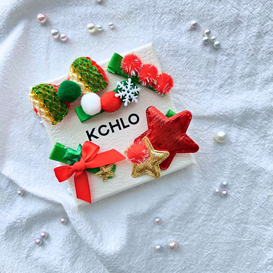 Red Star & Pom Pom Christmas Hair Clips – 5PCS Kids Festive Hair Set