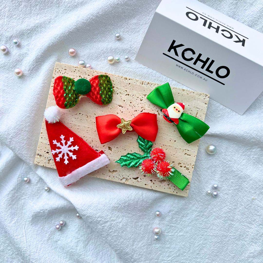 Santa Hat & Bow Christmas Hair Clips – 5PCS Festive Hair Accessories