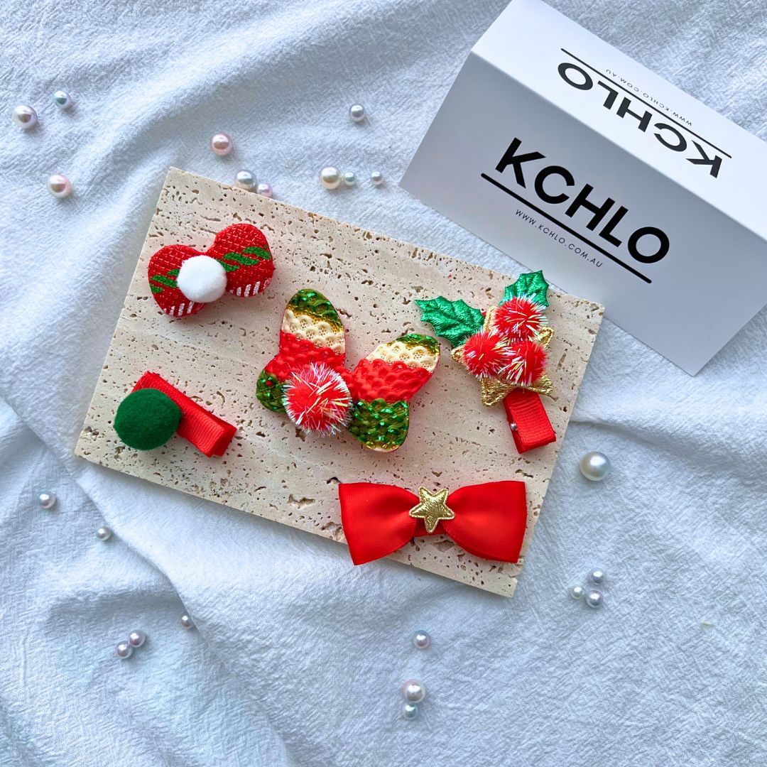 Christmas Bow Hair Clips Set – 5PCS Red & Green Holiday Hair Accessories