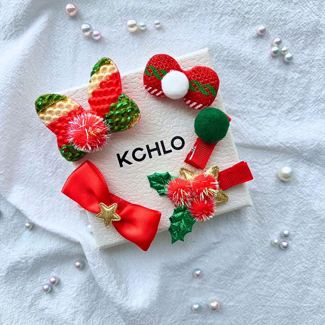 Christmas Bow Hair Clips Set – 5PCS Red & Green Holiday Hair Accessories