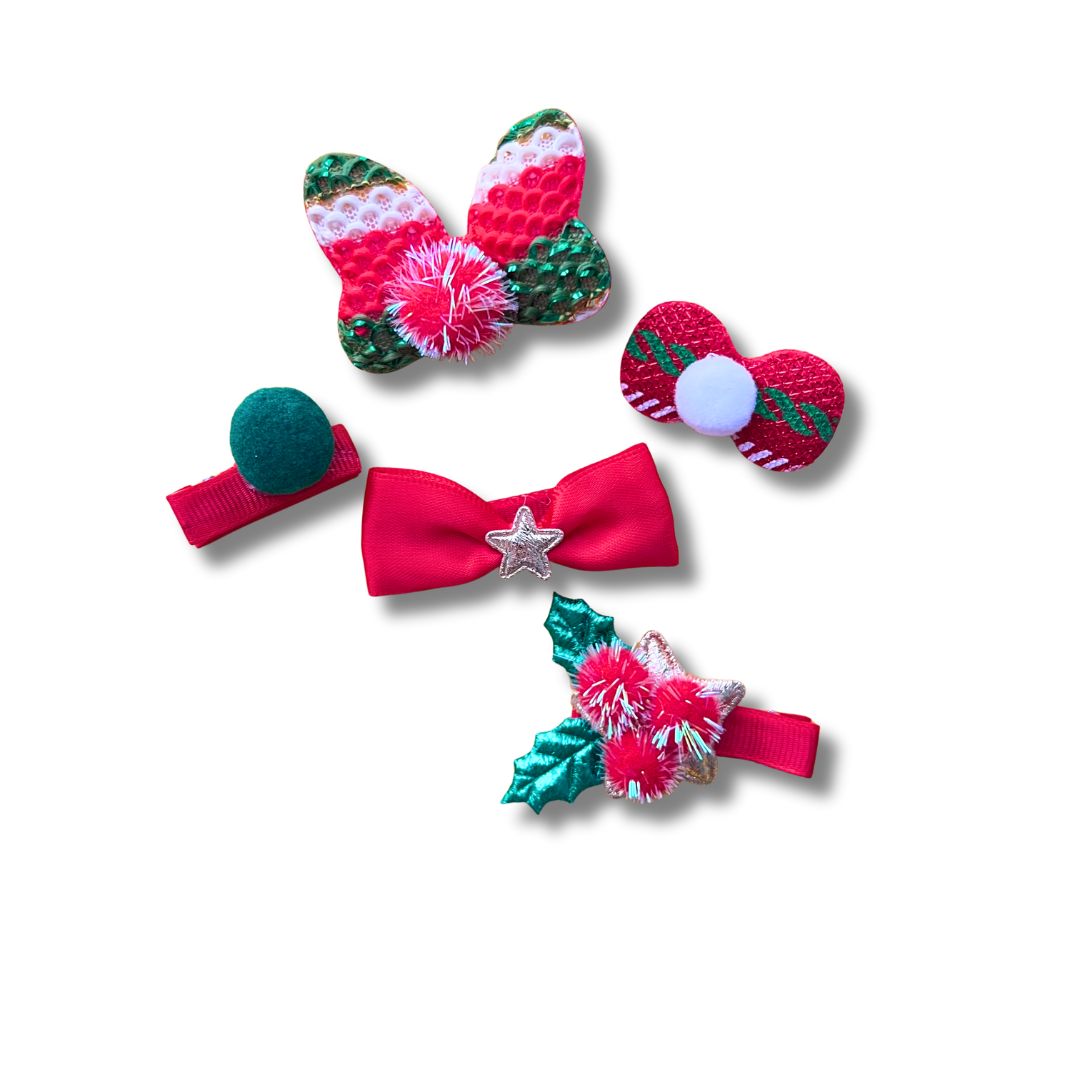 Christmas Bow Hair Clips Set – 5PCS Red & Green Holiday Hair Accessories