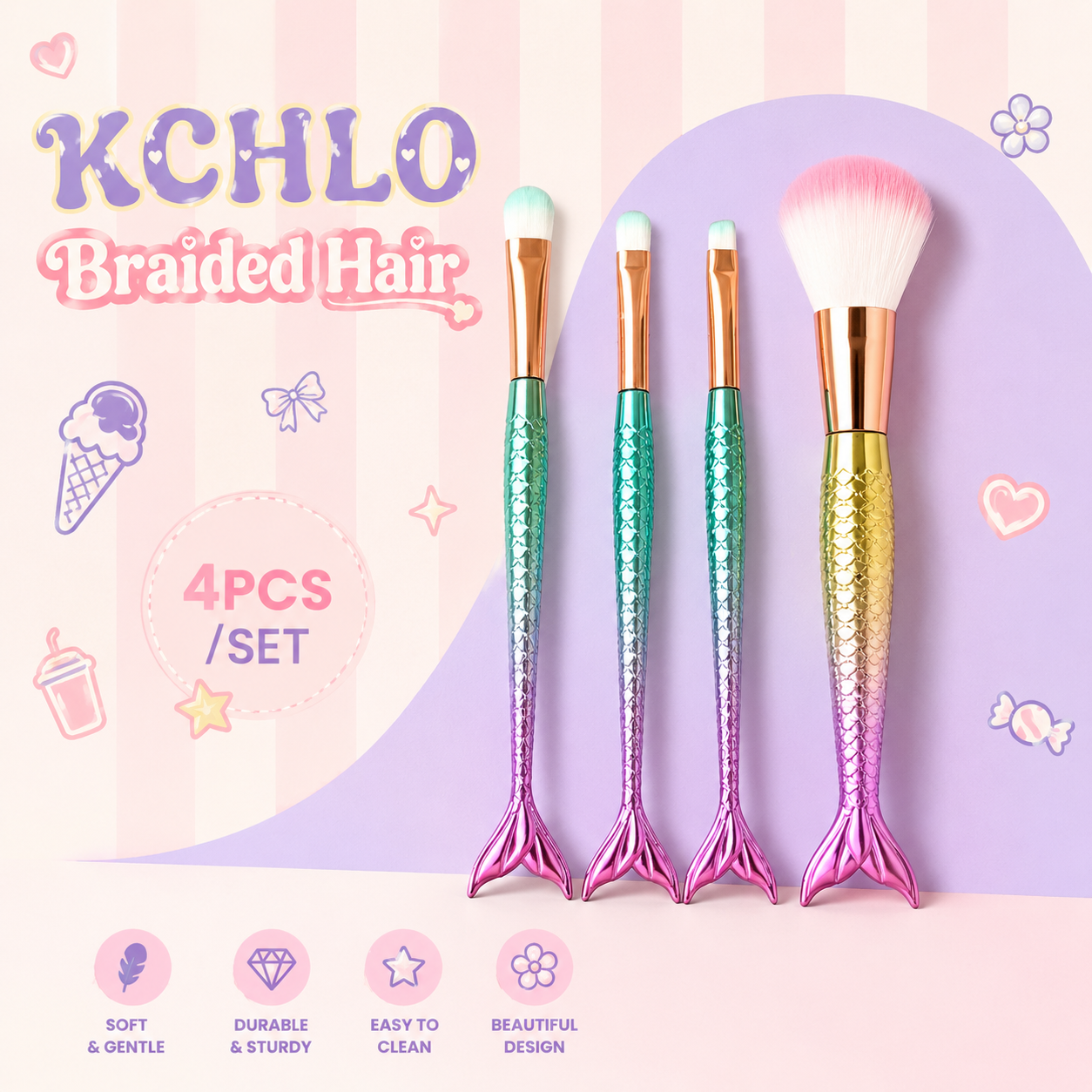 4PCS MERMAID MAKEUP BRUSH SET LOOSE POWDER & EYE BRUSH