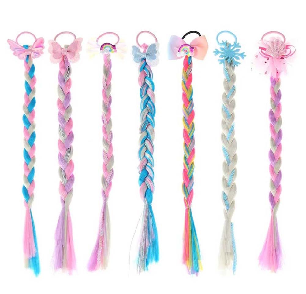 PINK BLUE BUTTERFLY BRAIDED HAIR PIECE WITH ELASTIC RUBBER BAND