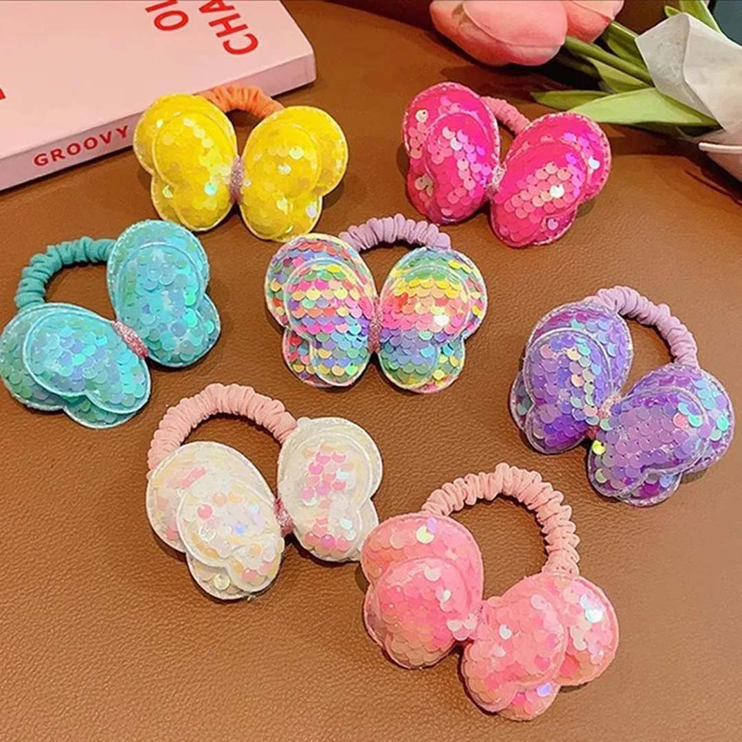 2PCS YELLOW KIDS SEQUIN BUTTERFLY HAIR TIES COLOURFUL ELASTIC PONYTAIL HOLDERS FOR GIRLS