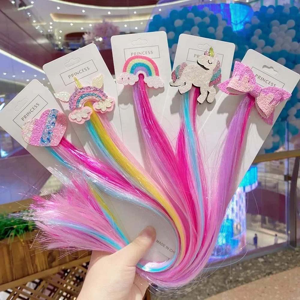 40CM UNICORN & RAINBOW HAIR CLIPS WITH COLORFUL EXTENSIONS