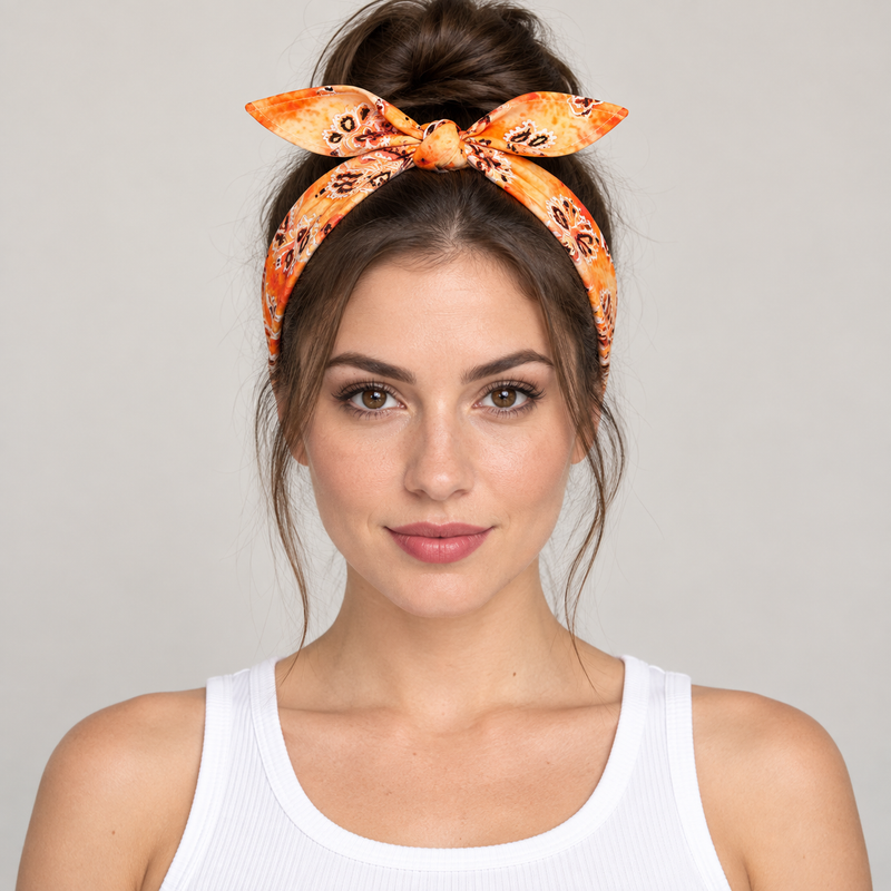 Model wearing an orange paisley bandana tied in a bow as a headband with a hair bun.