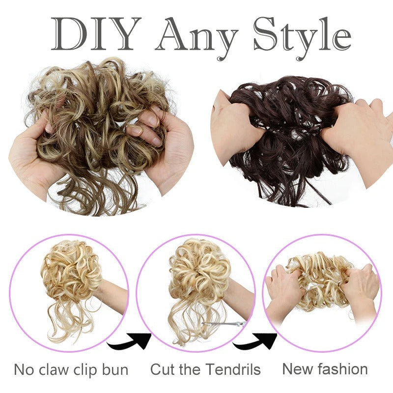 ASH BROWN 20CM SYNTHETIC HAIR BUN EXTENSIONS MESSY CURLY SCRUNCHIES