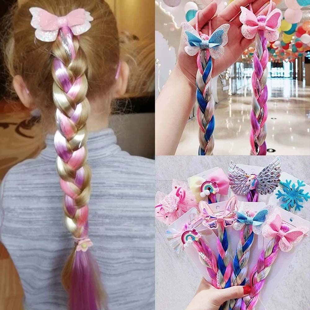 PINK RAINBOW BUTTERFLY BRAIDED HAIR PIECE WITH ELASTIC RUBBER BAND