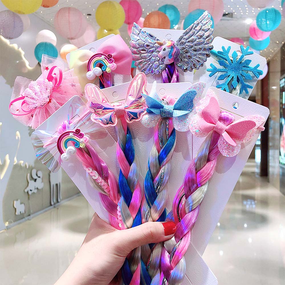 PINK RAINBOW BUTTERFLY BRAIDED HAIR PIECE WITH ELASTIC RUBBER BAND