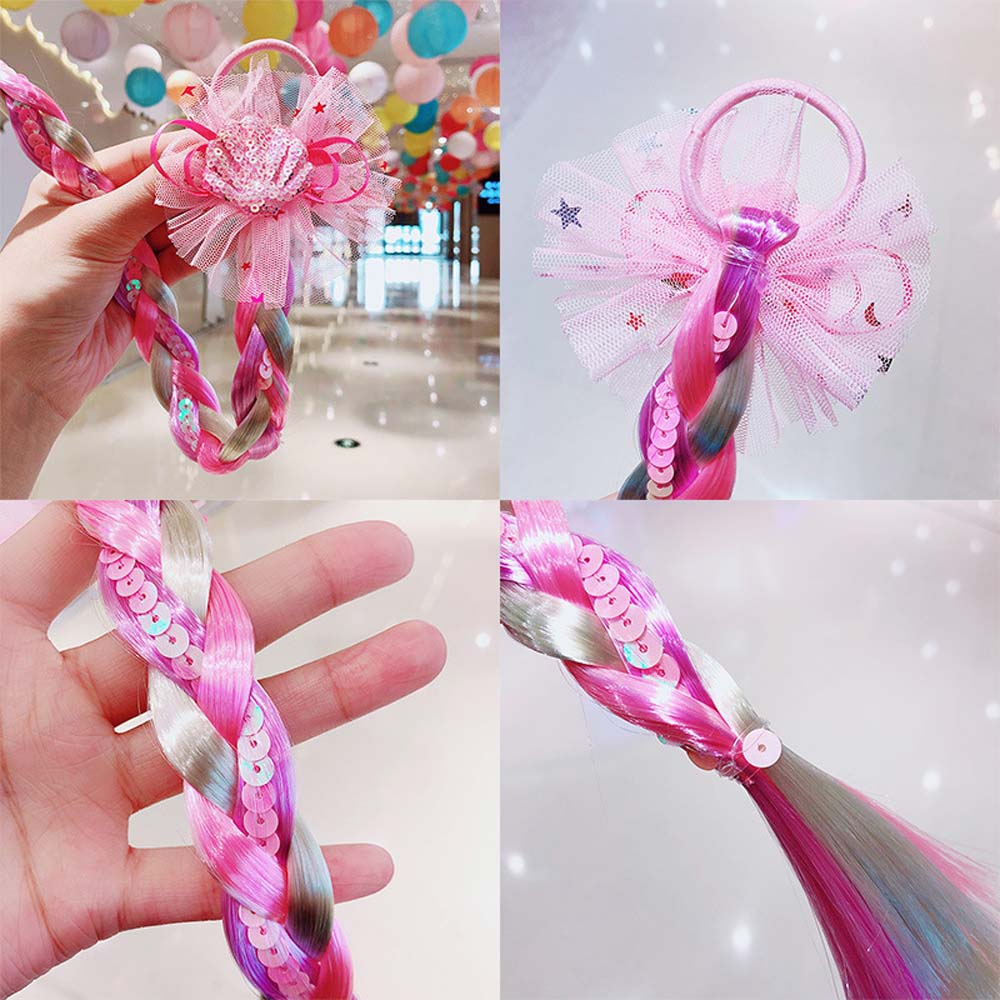 PINK RAINBOW BUTTERFLY BRAIDED HAIR PIECE WITH ELASTIC RUBBER BAND