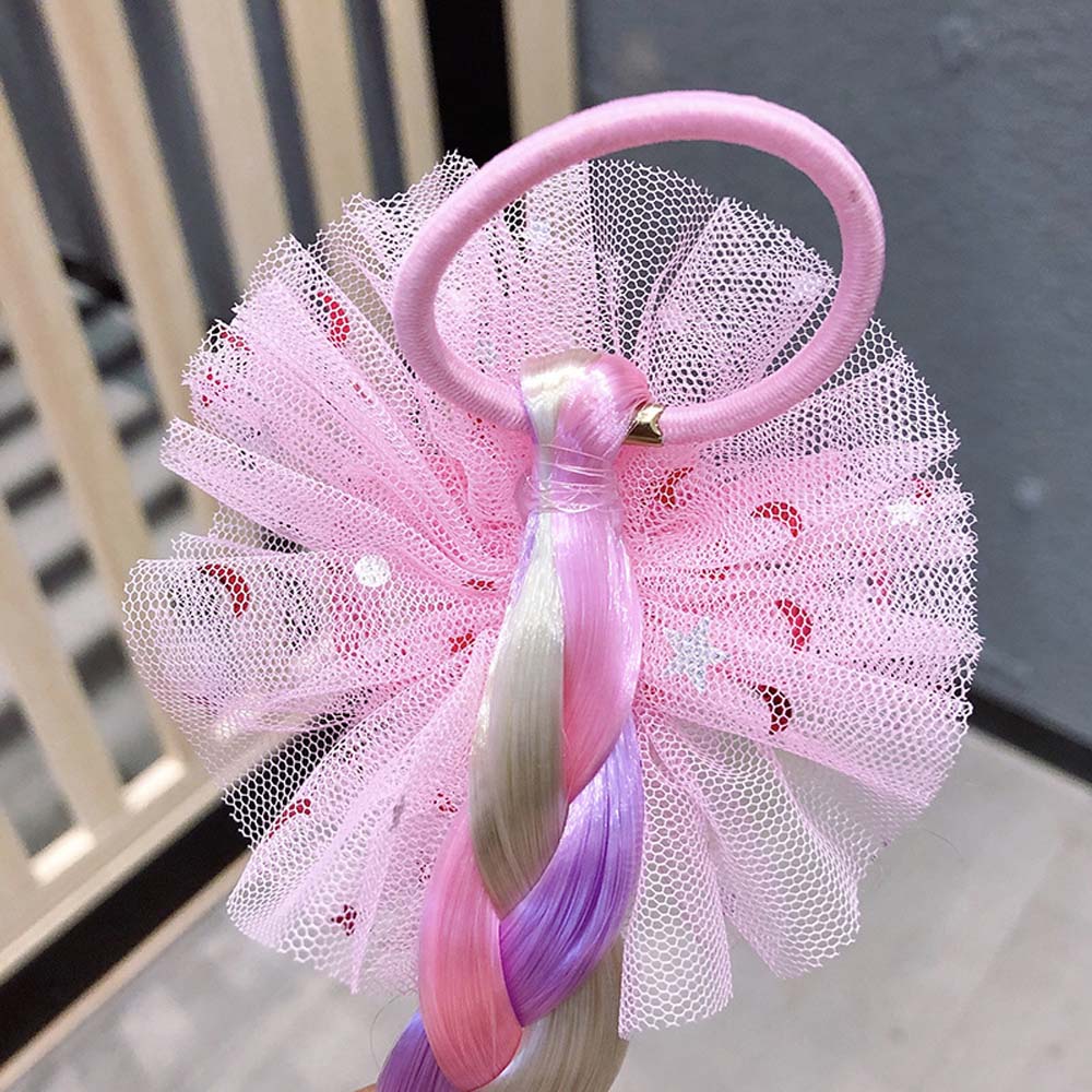 PINK RAINBOW BUTTERFLY BRAIDED HAIR PIECE WITH ELASTIC RUBBER BAND