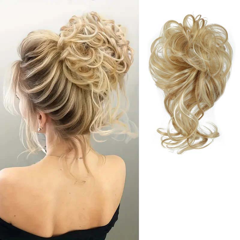 LIGHT BLONDE 20CM SYNTHETIC HAIR BUN EXTENSIONS MESSY CURLY SCRUNCHIES