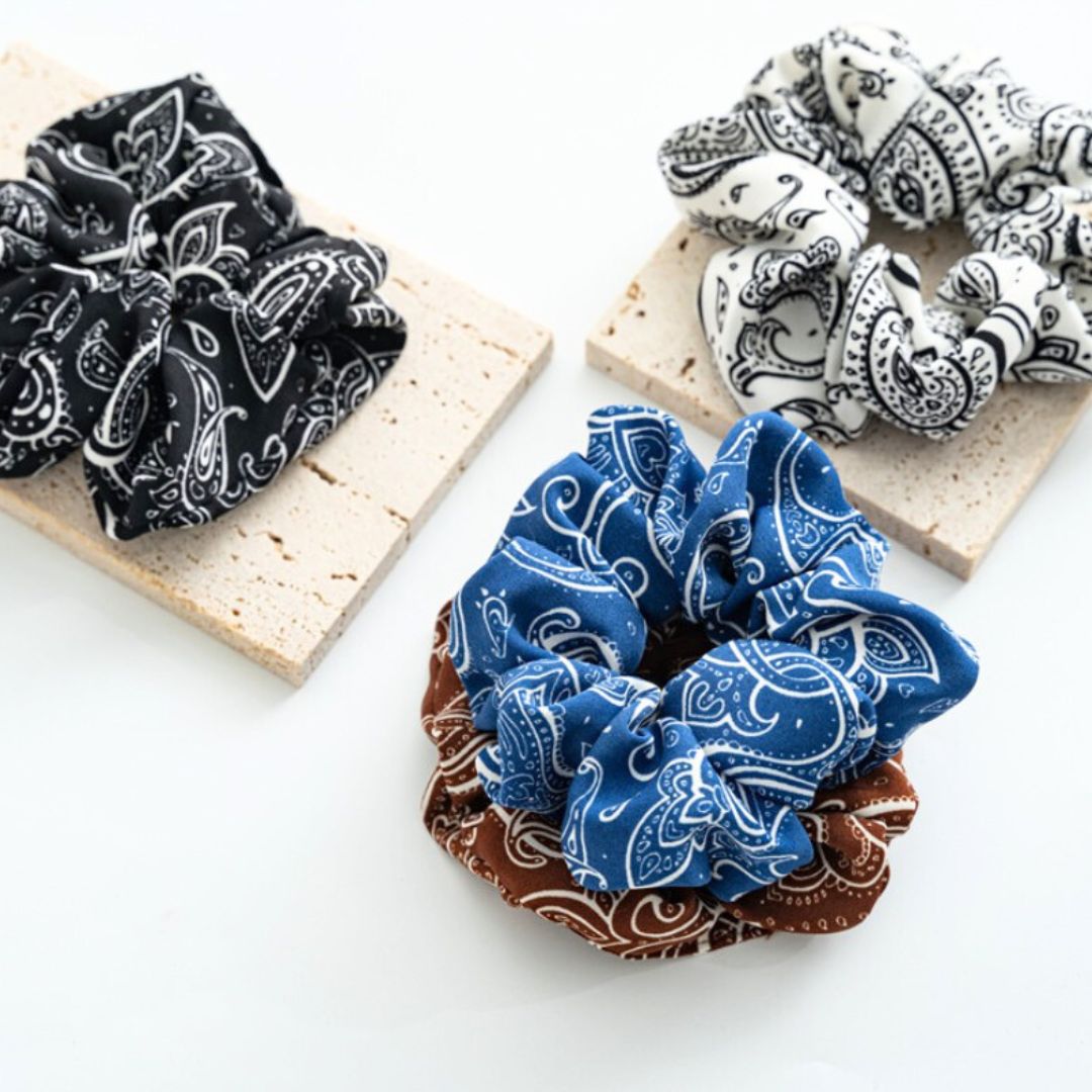 10CM BLACK PAISLEY PRINT SHEER CHIFFON SCRUNCHIES