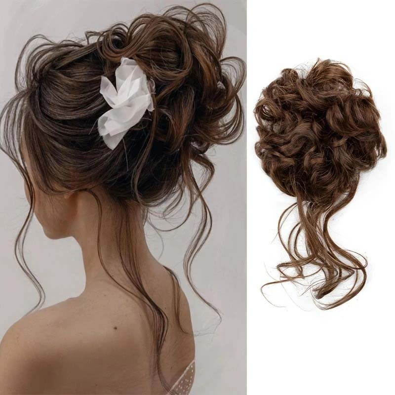 CHOCOLATE REDDISH BROWN 20CM SYNTHETIC HAIR BUN EXTENSIONS MESSY CURLY SCRUNCHIES