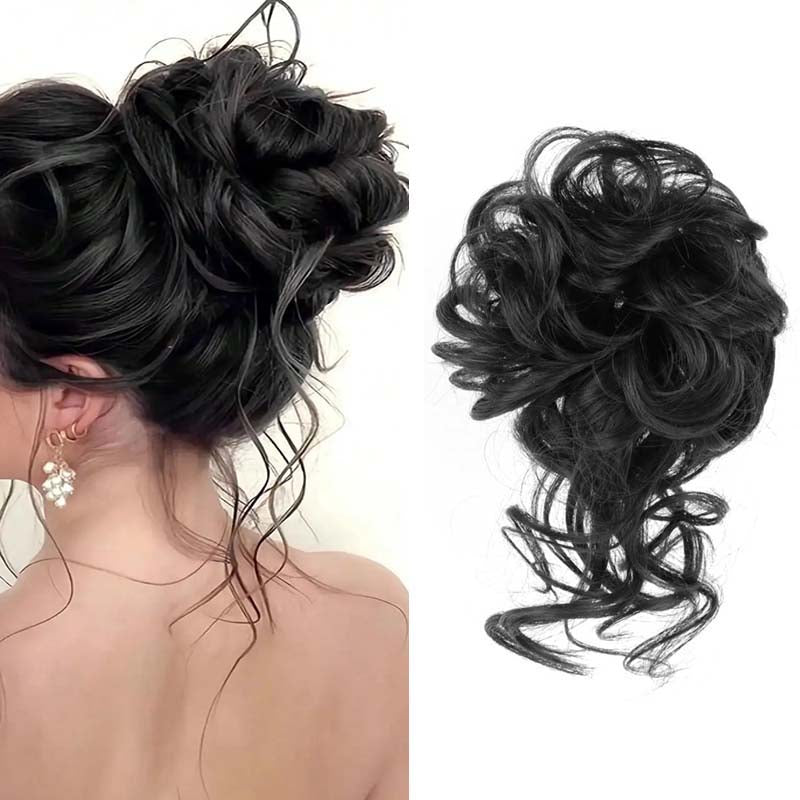 NATURAL BLACK 20CM SYNTHETIC HAIR BUN EXTENSIONS MESSY CURLY SCRUNCHIES