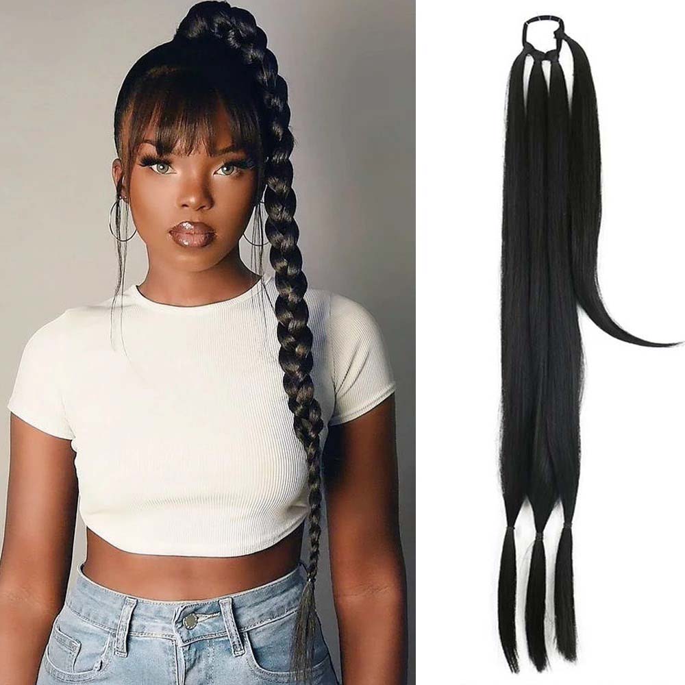 BLACK 85CM LONG SYNTHETIC BRAIDED PONYTAIL EXTENSION