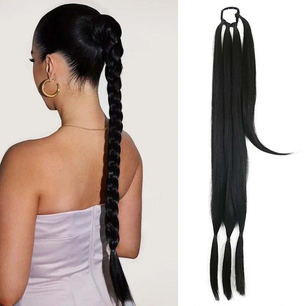 BLACK 85CM LONG SYNTHETIC BRAIDED PONYTAIL EXTENSION