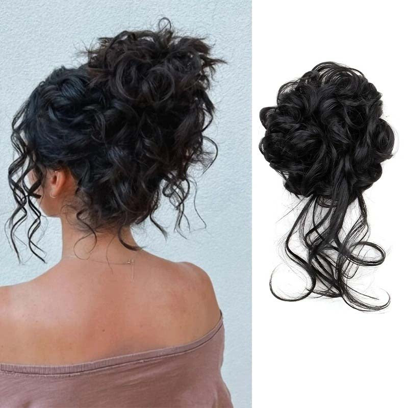 NATURAL BLACK 20CM SYNTHETIC HAIR BUN EXTENSIONS MESSY CURLY SCRUNCHIES