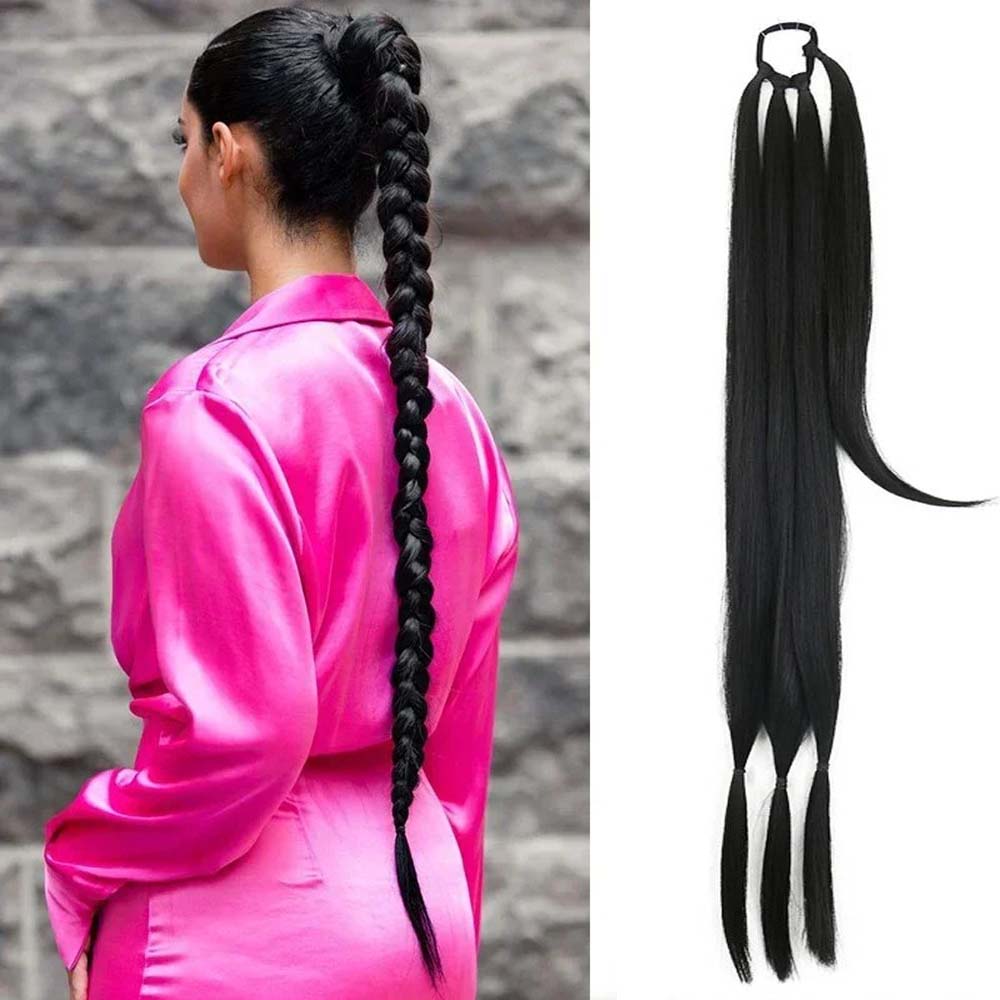 BLACK 85CM LONG SYNTHETIC BRAIDED PONYTAIL EXTENSION