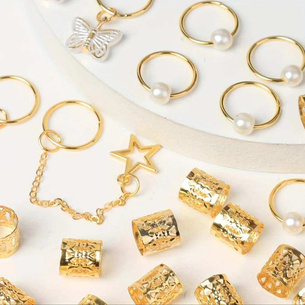 28PCS BOHO GOLD BUTTERFLY HAIR RINGS HAIR CUFFS BRAID RINGS