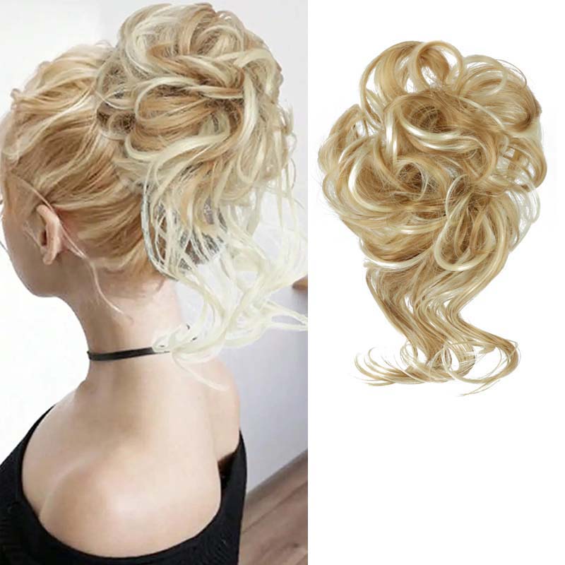 HONEY BLONDE 20CM SYNTHETIC HAIR BUN EXTENSIONS MESSY CURLY SCRUNCHIES