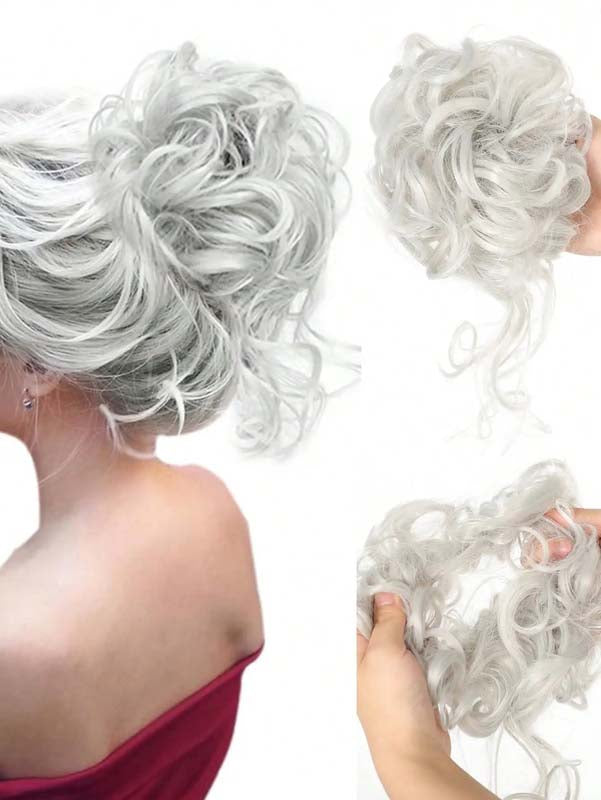 ICY GREY 20CM SYNTHETIC HAIR BUN EXTENSIONS MESSY CURLY SCRUNCHIES