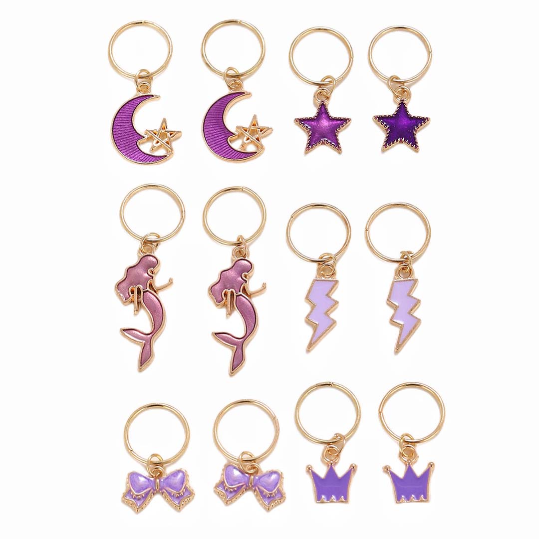 12PCS PURPLE MERMAID STAR GOLD HAIR CUFFS BRAID CHARMS