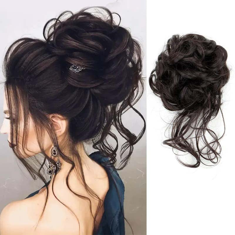 JET BLACK 20CM SYNTHETIC HAIR BUN EXTENSIONS MESSY CURLY SCRUNCHIES