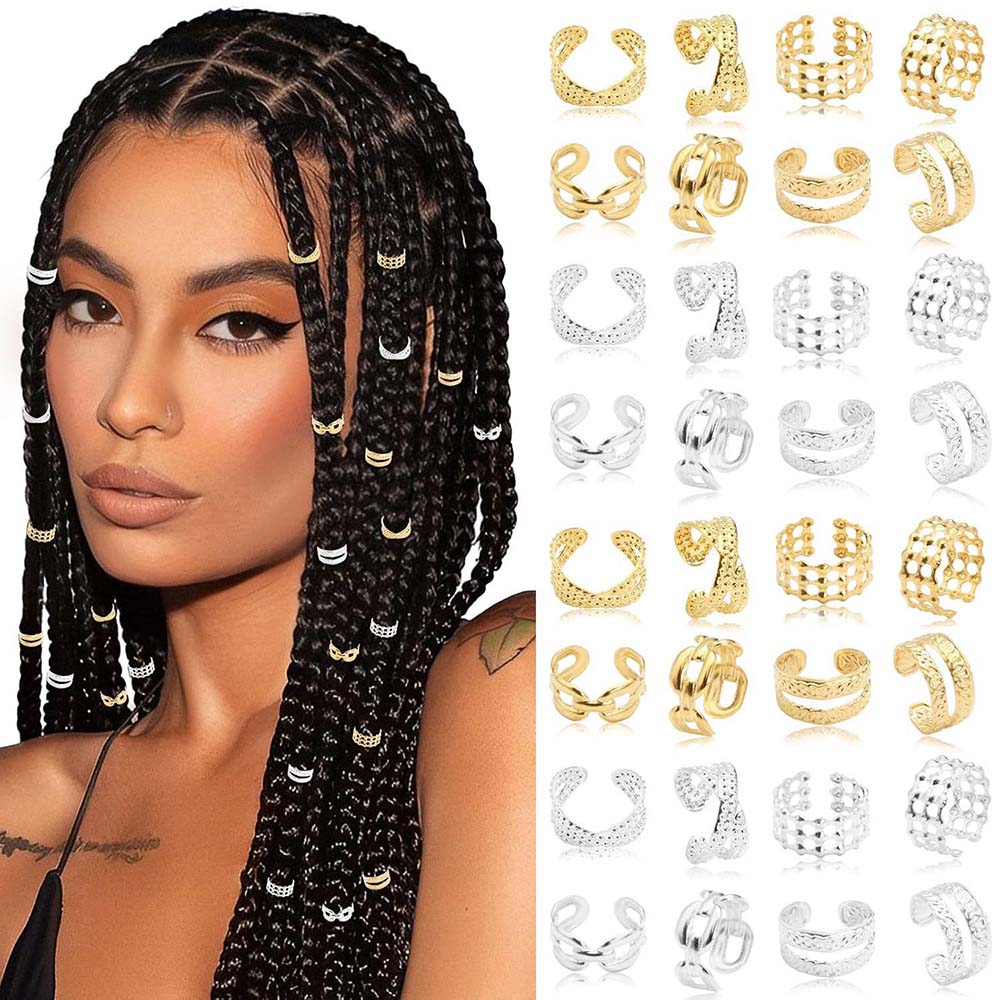 32PCS GOLD & SILVER HAIR CUFFS BRAID CUFFS DREAD CUFFS