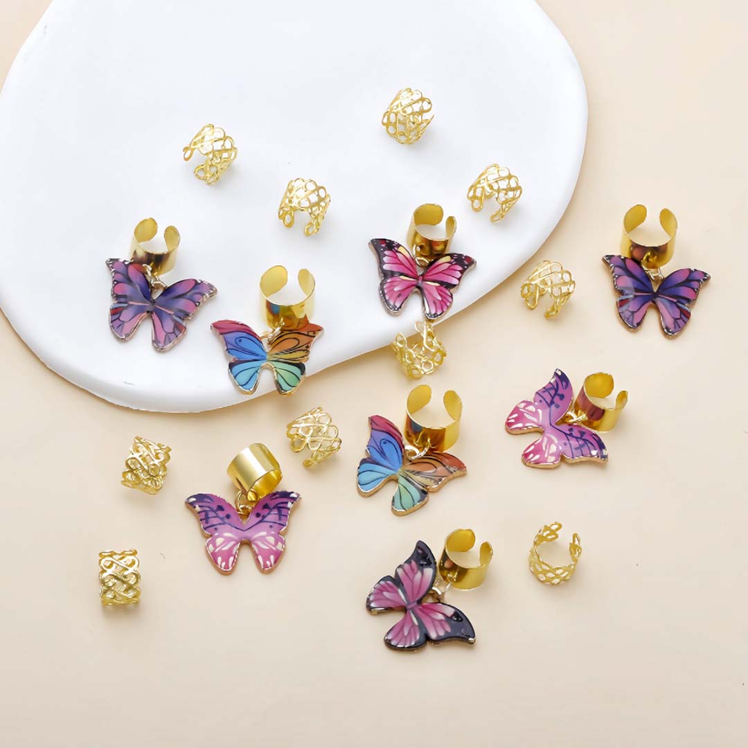 18PCS COLOURFUL BUTTERFLY GOLD HAIR CUFFS BRAID CUFFS