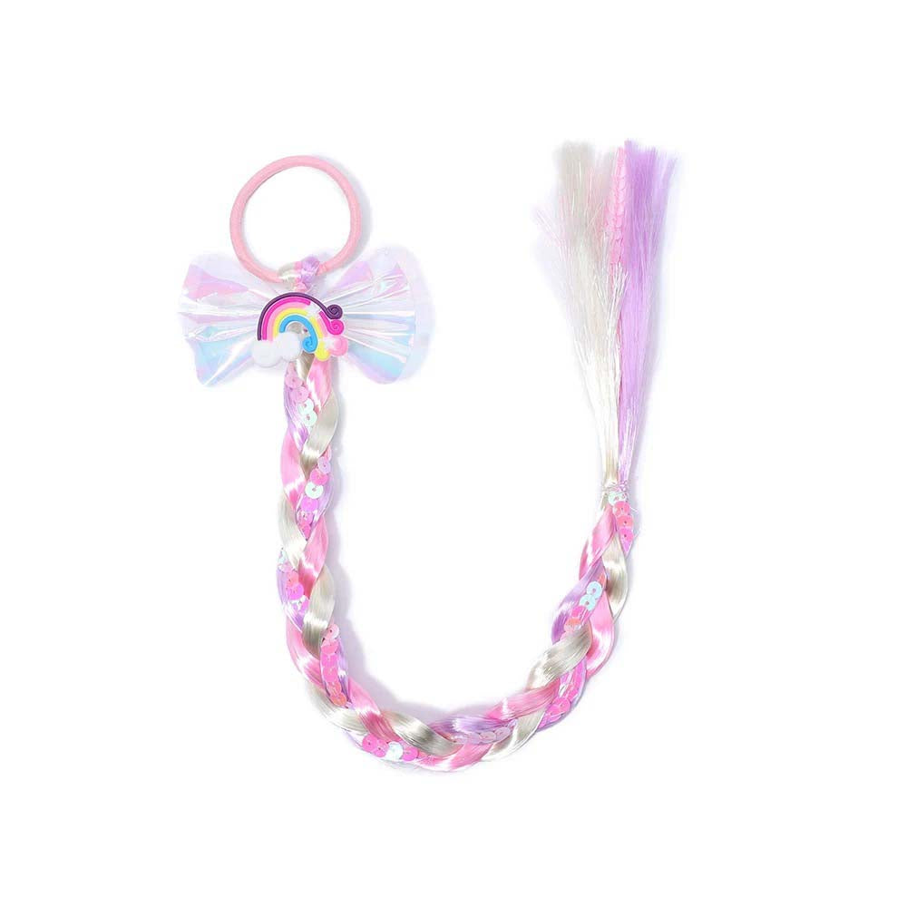 PINK RAINBOW BUTTERFLY BRAIDED HAIR PIECE WITH ELASTIC RUBBER BAND