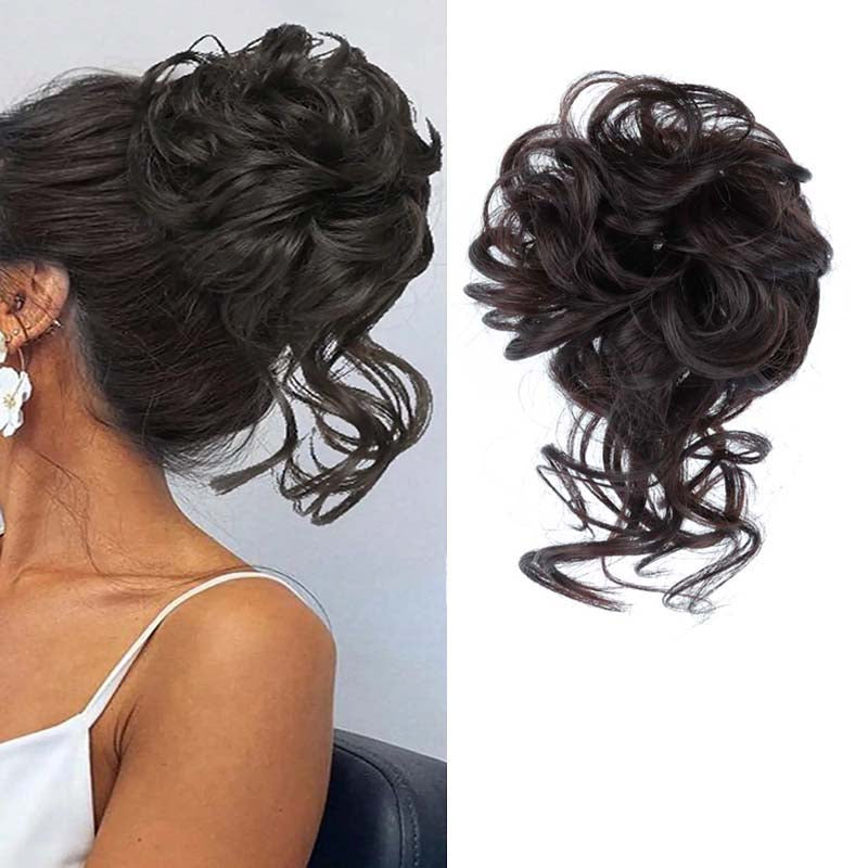 OFF BLACK 20CM SYNTHETIC HAIR BUN EXTENSIONS MESSY CURLY SCRUNCHIES
