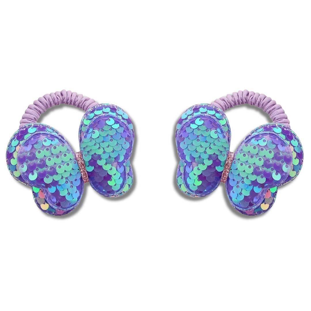 2PCS PURPLE KIDS SEQUIN BUTTERFLY HAIR TIES COLOURFUL ELASTIC PONYTAIL HOLDERS FOR GIRLS