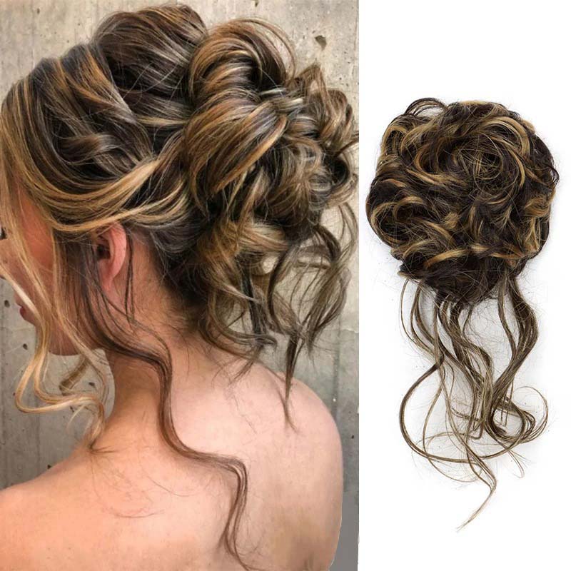 CHESTNUT BROWN 20CM SYNTHETIC HAIR BUN EXTENSIONS MESSY CURLY SCRUNCHIES
