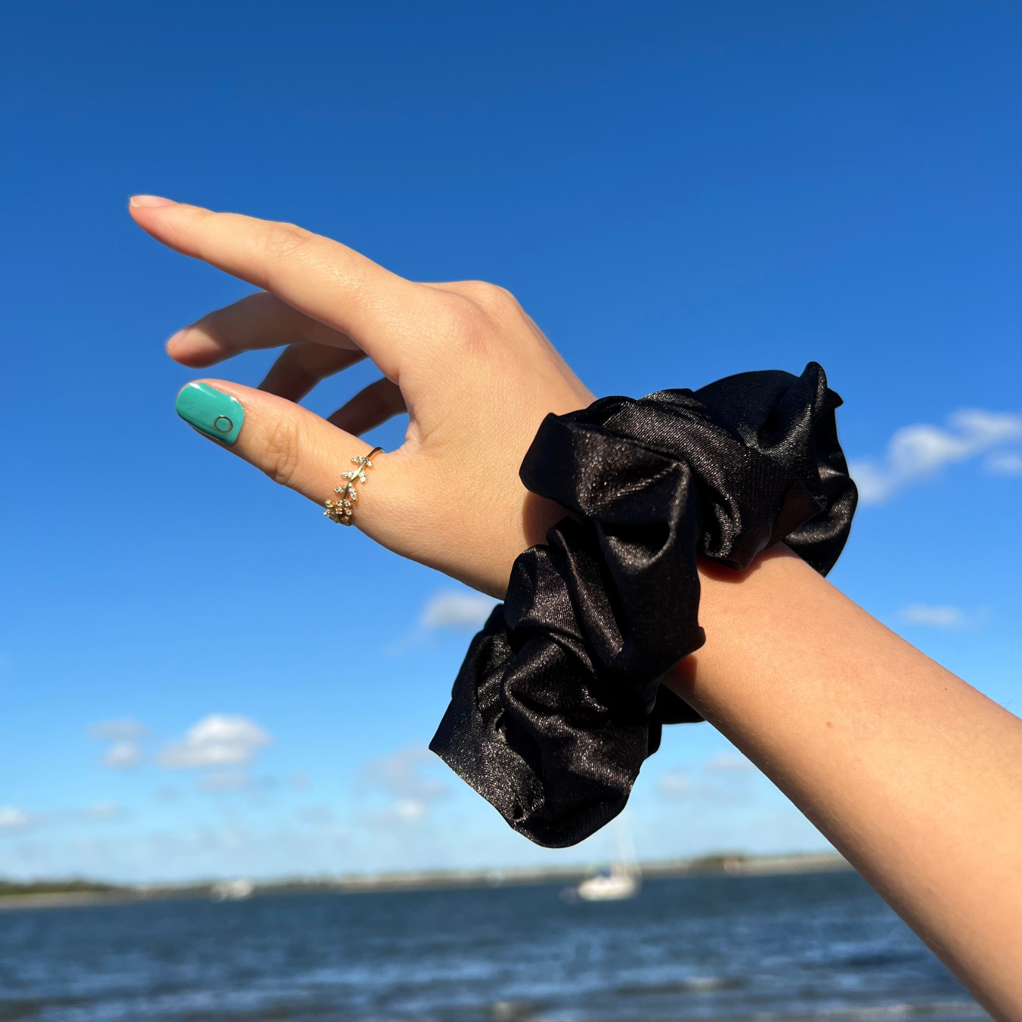 15CM BLACK OVERSIZE LARGE SCRUNCHIES SILK SATIN ELASTIC HAIR BANDS ROPE TIE PONYTAIL