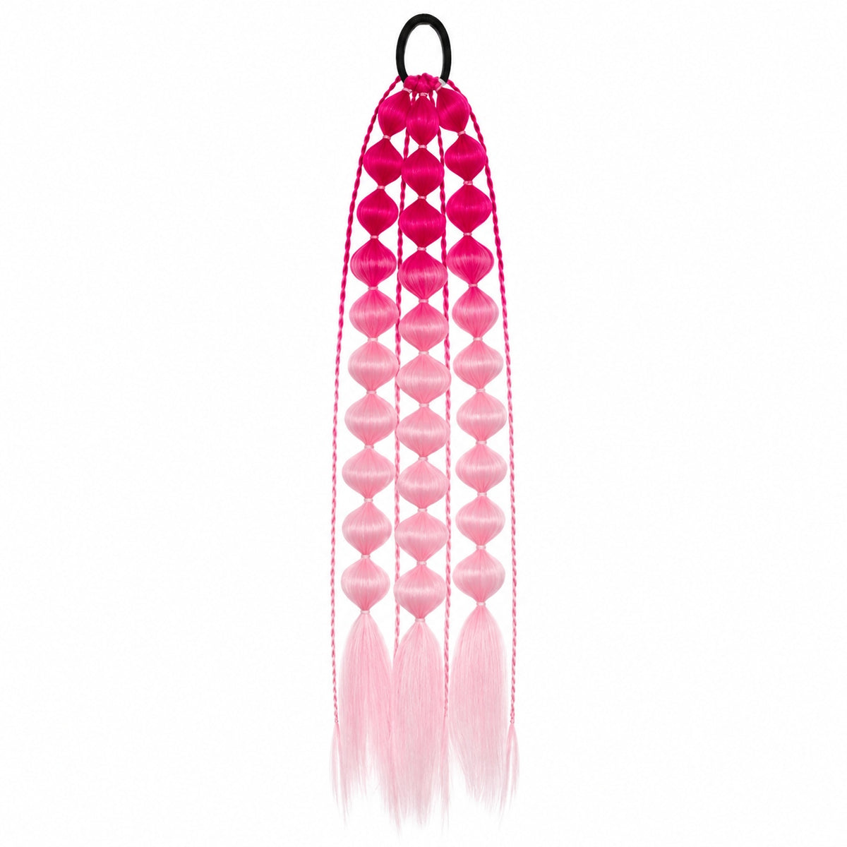 Fuscia and blush 22-inch bubble braid hair extensions with a black hair tie, shown on a white background.