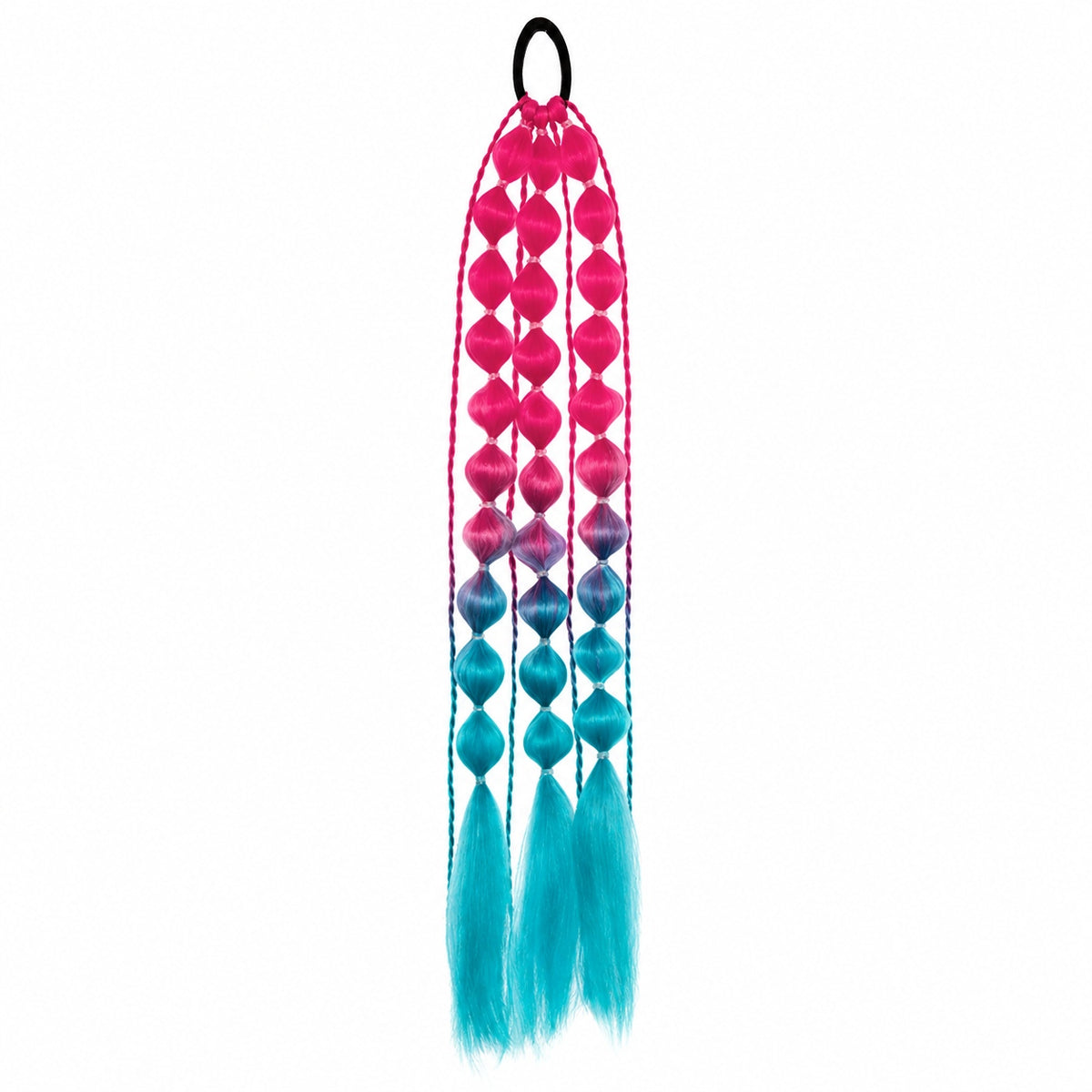 Hot pink and aqua 22-inch bubble braid hair extensions with a black hair tie, shown on a white background.