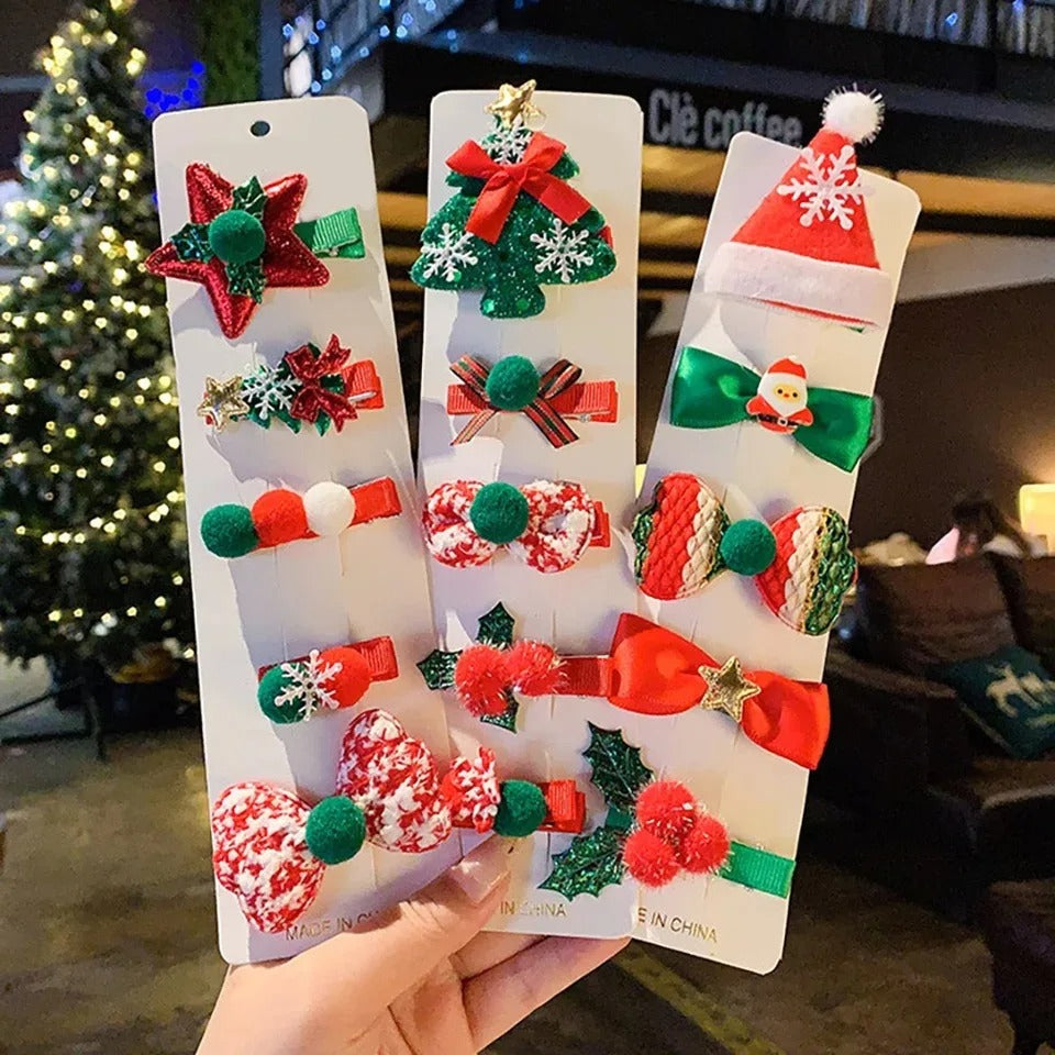 Red Star & Pom Pom Christmas Hair Clips – 5PCS Kids Festive Hair Set