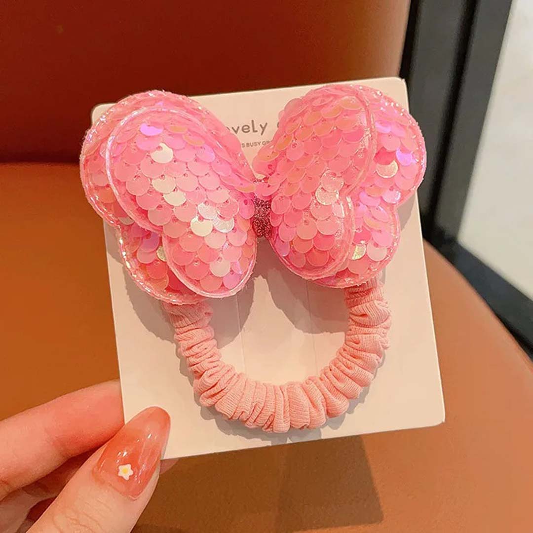 2PCS PINK KIDS SEQUIN BUTTERFLY HAIR TIES COLOURFUL ELASTIC PONYTAIL HOLDERS FOR GIRLS