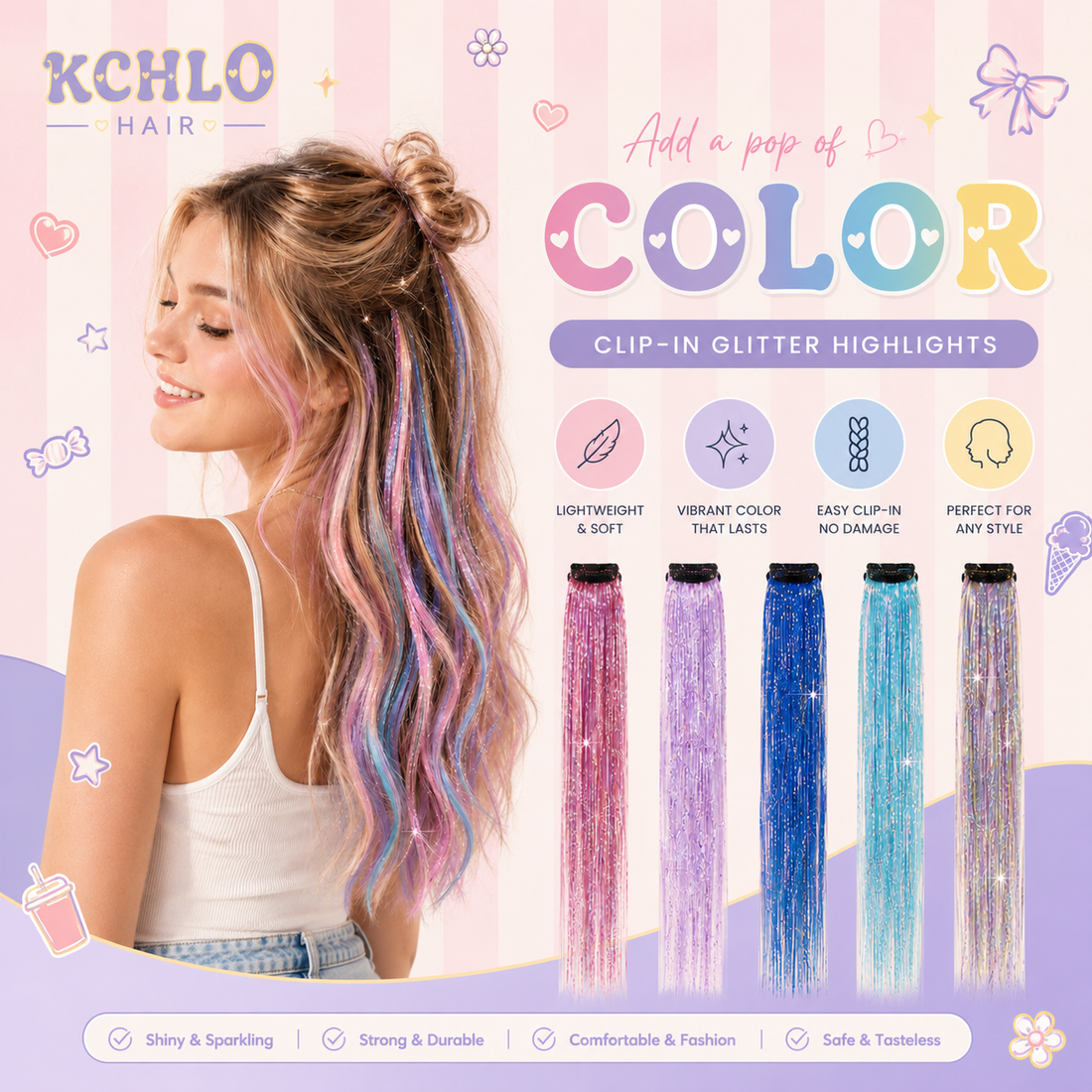 GOLD CLIP IN HAIR EXTENSIONS LONG SYNTHETIC COLORED HIGHLIGHTS
