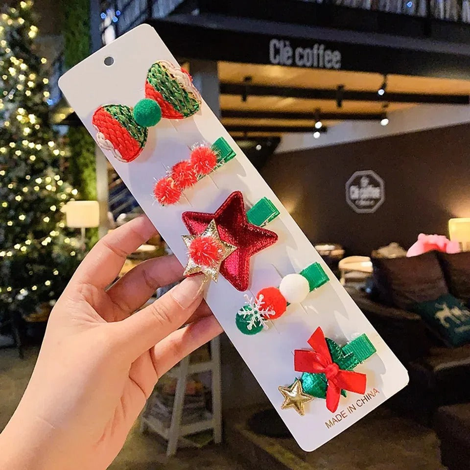 Red Star &amp; Pom Pom Christmas Hair Clips – 5PCS Kids Festive Hair Set