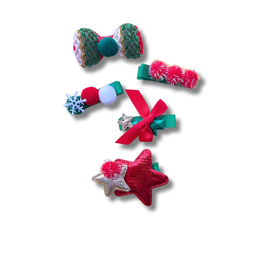 Red Star &amp; Pom Pom Christmas Hair Clips – 5PCS Kids Festive Hair Set