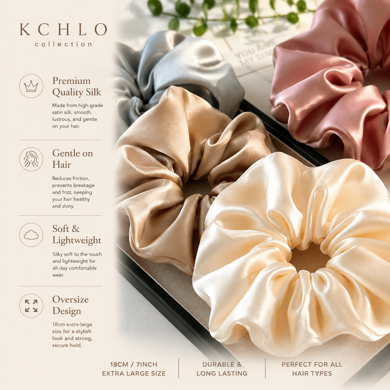 18CM OVERSIZE LARGE SCRUNCHIES SILK SATIN ELASTIC HAIR ROPE PONYTAIL TIE