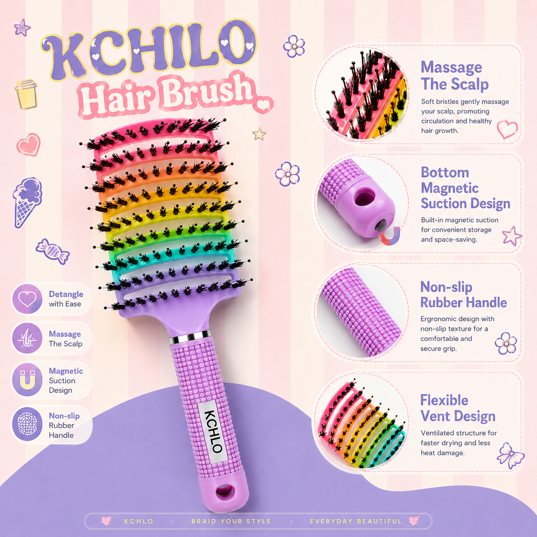 RAINBOW DETANGLING HAIR BRUSH SCALP MASSAGE VENTED BRUSH