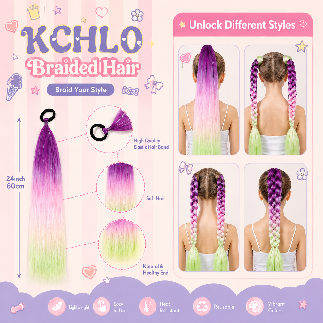 Close-up of shimmering synthetic tinsel ponytail hair extension with wrap around design