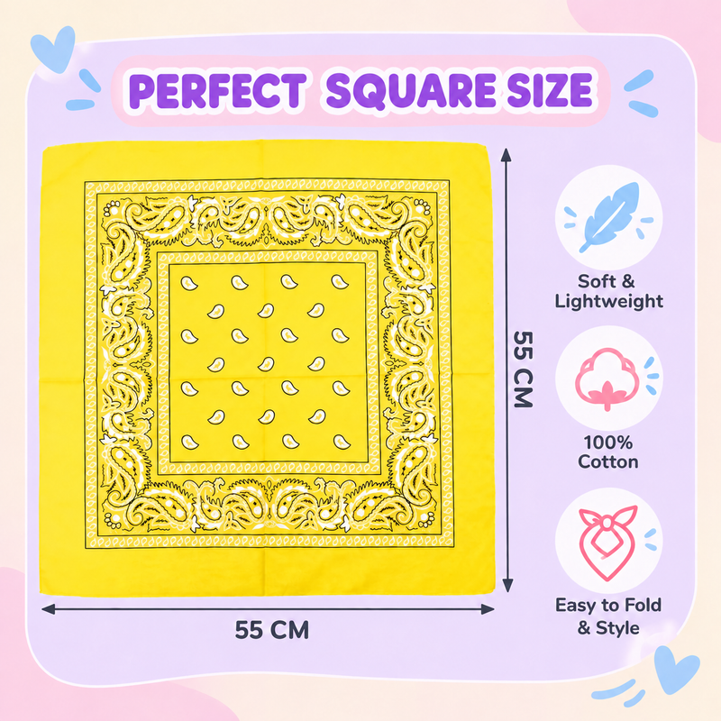 Yellow cotton paisley bandana size guide showing 55 x 55 cm and soft, lightweight fabric.