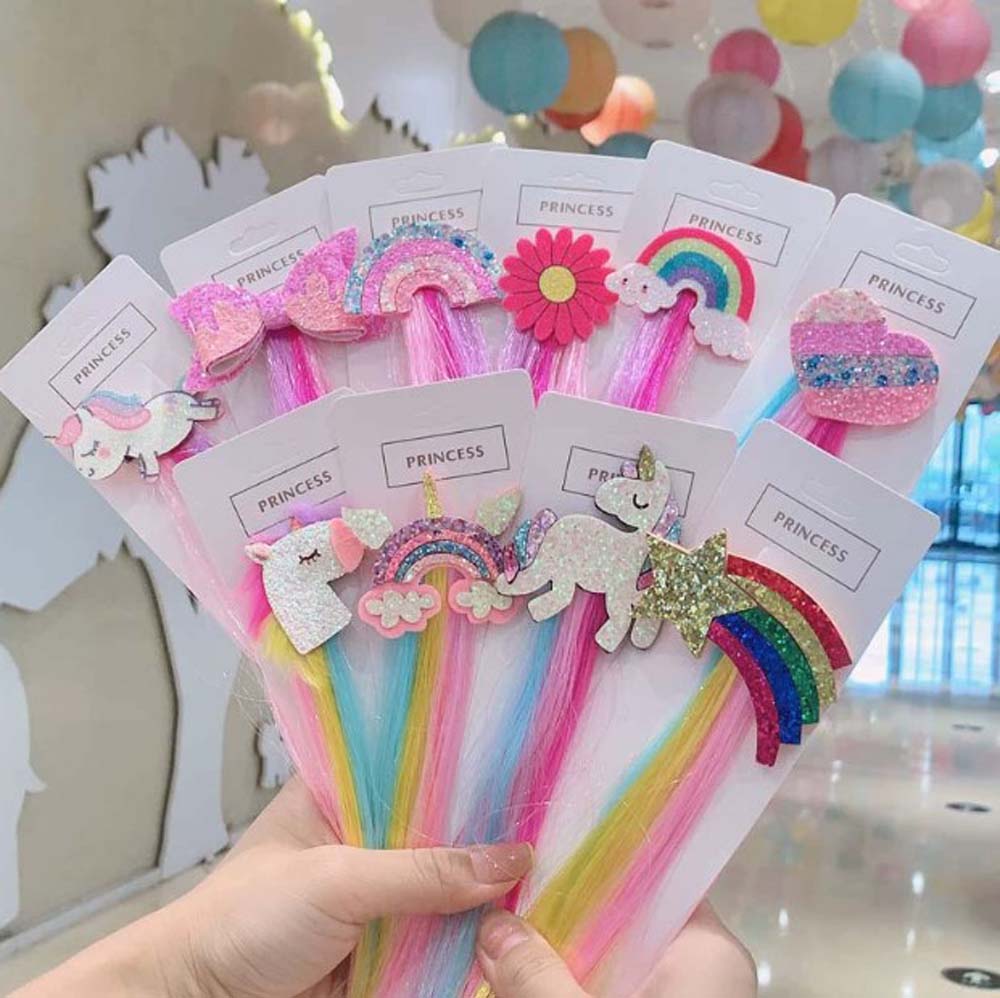 40CM UNICORN & RAINBOW HAIR CLIPS WITH COLORFUL EXTENSIONS