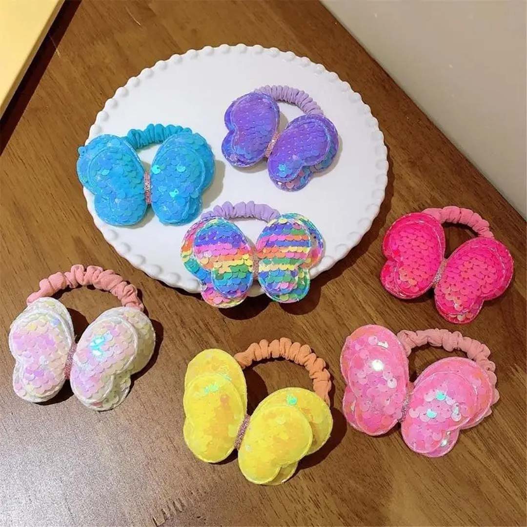 2PCS KIDS SEQUIN BUTTERFLY HAIR TIES COLOURFUL ELASTIC PONYTAIL HOLDERS FOR GIRLS