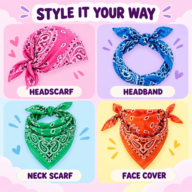 Paisley bandana styling guide showing a head scarf, headband, neck scarf and face covering.